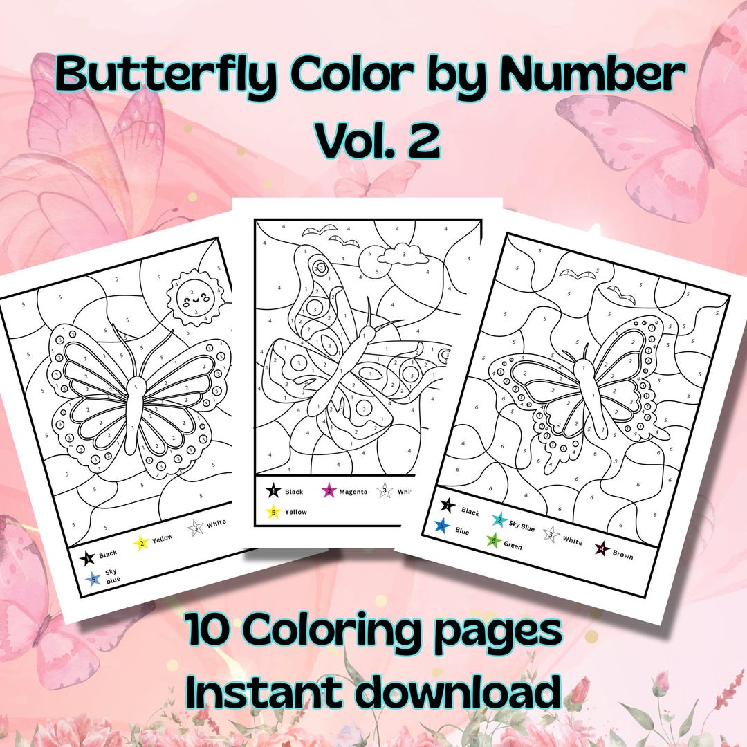 数字で塗る蝶のぬり絵10ページ Vol 2、数字で塗る蝶のぬり絵、子供と大人向けの印刷可能なぬり絵、リラックスできるアート - Etsy 日本, image size:1080x1080
