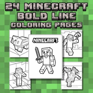 May include: A collection of 24 Minecraft bold line coloring pages. The cover features the Minecraft logo and a character holding a sword. Other pages show various Minecraft characters and scenes in black and white.