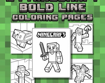 24 Printable Minecraft Inspired Bold Line Coloring Pages for Toddlers and Preschoolers, Digital Download, Minecraft Themed Birthday Activity