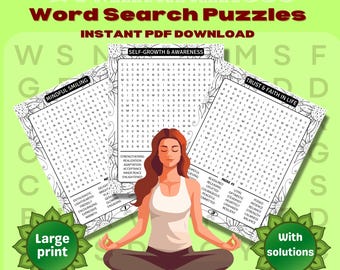 May include: A digital download featuring 24 mindfulness word search puzzles. The image shows three puzzle pages with word lists and a woman meditating. Text includes "Instant PDF Download", "Large print", and "With solutions".