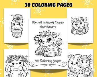 Kawaii-dieren en schattige personages, 30 kleurplaten, vet en eenvoudig, kawaii-pdf-printables, direct downloaden