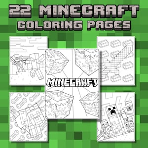 22 Printable Minecraft Inspired Coloring Pages for Kids, Minecraft Coloring Bundle, Digital Download, Minecraft Themed Birthday Activity