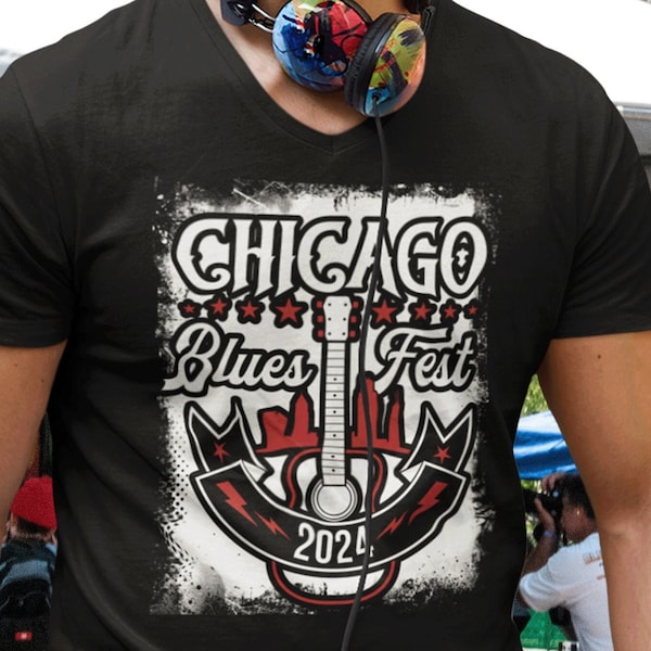 Chicago Blues Fest 2024 t-shirt.  Brilliant design on dark tee.  This years music fest shirt collectable. Pre-sale before event.
