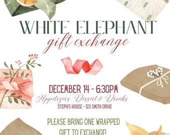 White Elephant Gift Exchange Party Invitation - Digital File - Holiday Party Invitation, Christmas Party, Festive Fun, Instant Download!
