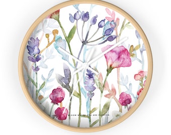 Floral "Bloom Where You Are Planted" 10" Wall Clock - Timeless Elegance for Your Space, Watercolor Floral Clock