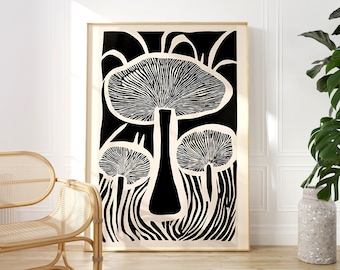 Mushroom Art Print: Black and Beige Modern Organic Funghi Drawing