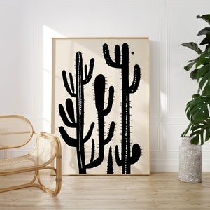 Saguaro Cactus Wall Art with Contemporary, Minimalist Black and Cream Block Print Style, Showcases Desert Cacti as Modern, Luxurious Art.