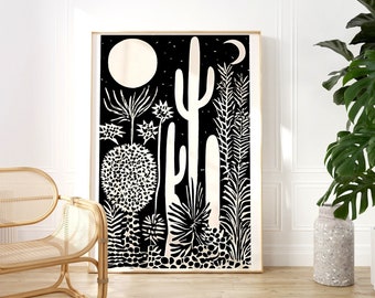 Desert Landscape Cactus Art in Crisp Black + Ivory + Charming Mid-Century Block Print Style, Contemporary Night Desert with Folk Art Appeal