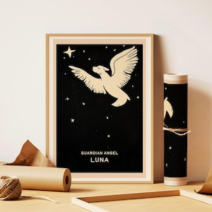 Guardian Angel Custom Dog Name Memorial + Remembrance Gift is Art Featuring a Dog w/Wings + Starry Sky. A Heartfelt + Comforting Tribute.