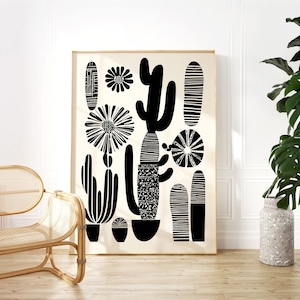 Saguaro Cactus + Sun Wall Art with Contemporary, Minimalist Black + Cream Block Print Style, Abstract Desert Scene Akin to Modern Folk Art.