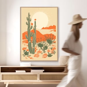 Saguaro Cactus Art Print: Vintage Desert Landscape, Linocut Style