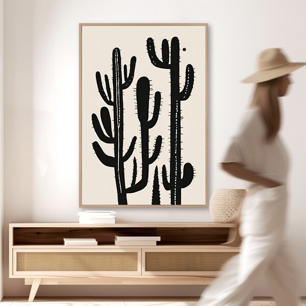 Saguaro Cactus Wall Art with Contemporary, Minimalist Black and Cream Block Print Style, Showcases Desert Cacti as Modern, Luxurious Art.