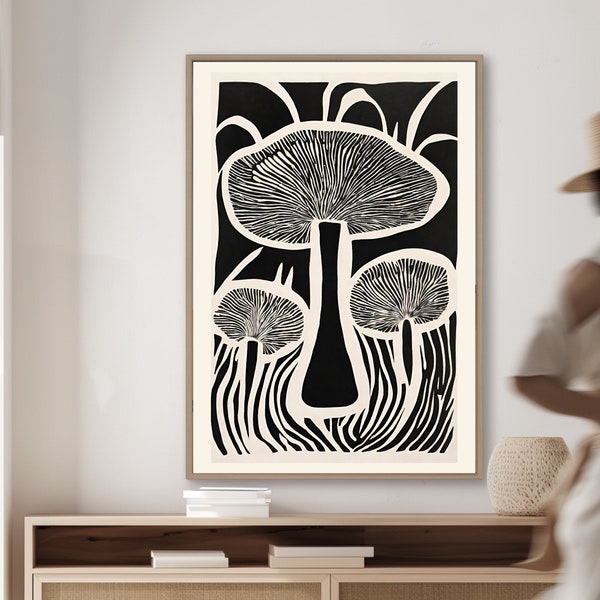 Iconic Mushroom Art Print in Black + Cream Art Nouveau Style has Ornate Details and Stunning, High-Contrast Decorative Mushroom Aesthetic