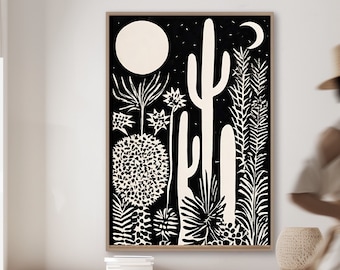 Desert Landscape Cactus Art in Crisp Black + Ivory + Charming Mid-Century Block Print Style, Contemporary Night Desert with Folk Art Appeal