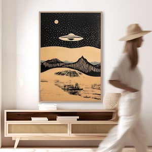 UFO Desert Landscape Art Print: Linocut Flying Saucer Poster