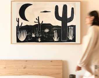 Earthy Modern Neutral Saguaro Cactus Desert Landscape Art Print has Southwestern Charm and Folk Art Flair.