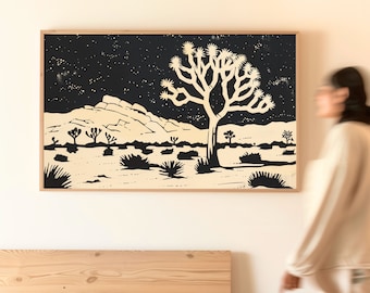 Cool Joshua Tree National Park Print in Black and a beige has Mid Century Style and Natual Interior Design Aesthetic.