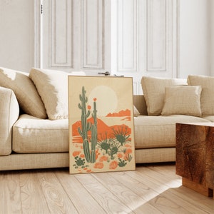 Contemporary desert cactus art, wood, desert poster, linocut cactus art, stylish minimalist interior aesthetic, mid century art, block print cactus, kinfolk magazine, southwest art, cactus poster, orange, sage green, giclee print, neutral aesthetic