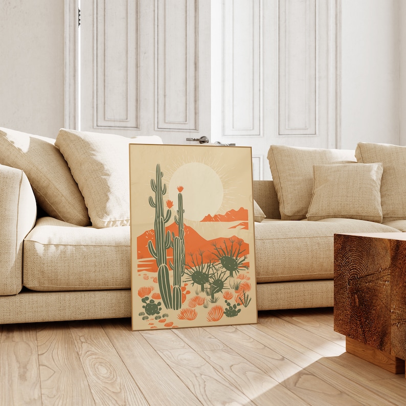 Contemporary desert cactus art, wood, desert poster, linocut cactus art, stylish minimalist interior aesthetic, mid century art, block print cactus, kinfolk magazine, southwest art, cactus poster, orange, sage green, giclee print, neutral aesthetic