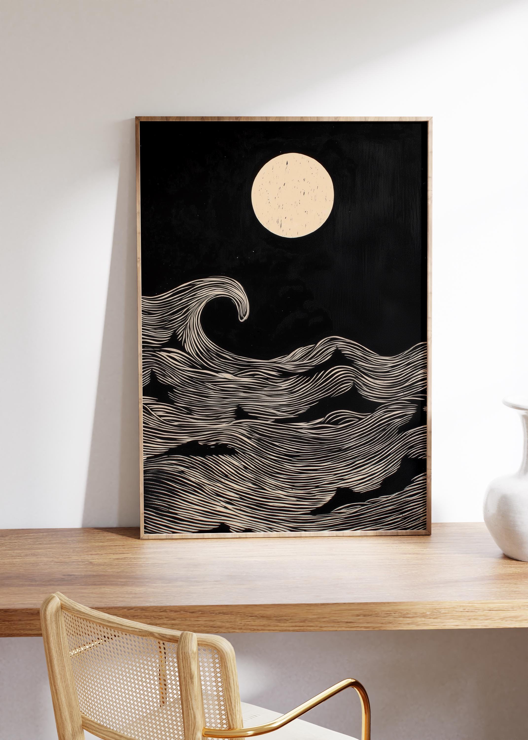 Meditative Zen Ocean Wave Art Print: Black and Beige Coastal Seascape ...