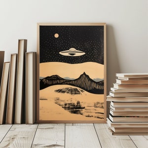 UFO Desert Landscape Decor: Flying Saucer Art, Area 52 Poster, Linocut Style Mountain Illustration, Vintage Block Print Style.