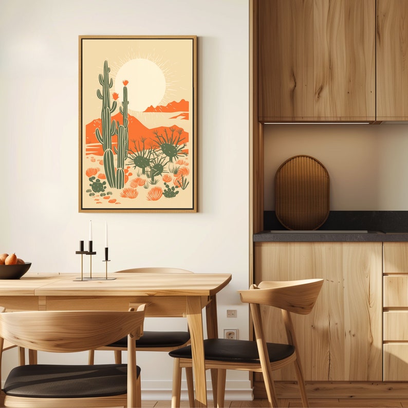 Danish Modern kitchen with desert cactus art, wood, desert poster, linocut cactus art, stylish minimalist interior aesthetic, mid century art, block print cactus, kinfolk magazine, southwest art, cactus poster, orange, sage green, giclee print