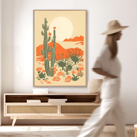 Saguaro Cactus Art Print: Vintage Desert Landscape, Linocut Style