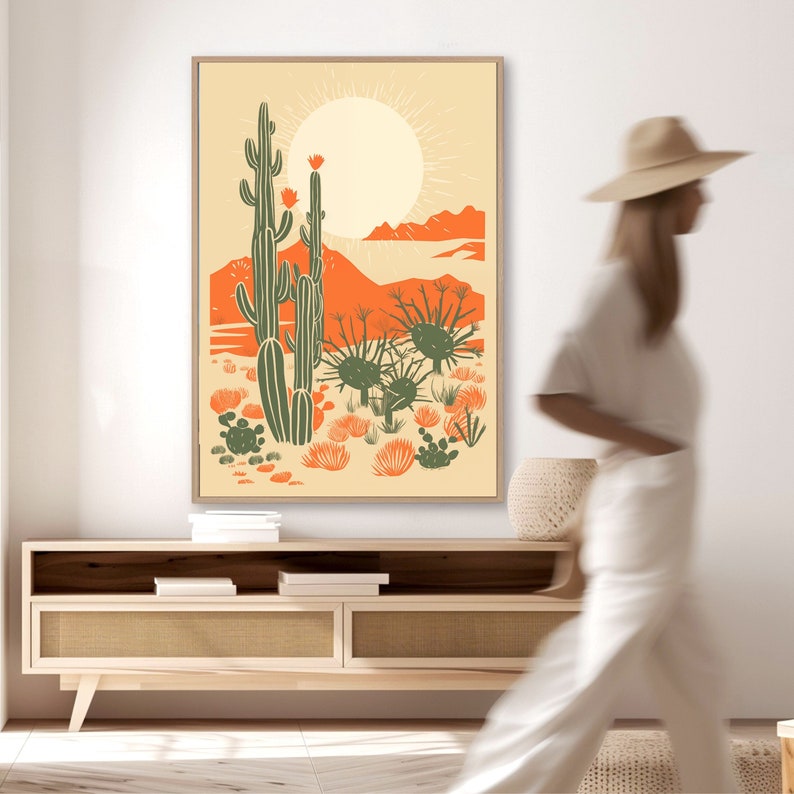 vintage mid century desert cactus wall art in large wood frame, desert poster, linocut cactus art, danish modern aesthetic, beige contemporary art, mid century art, block print cactus, Austin, Texas, southwest art, cactus poster, orange, sage green