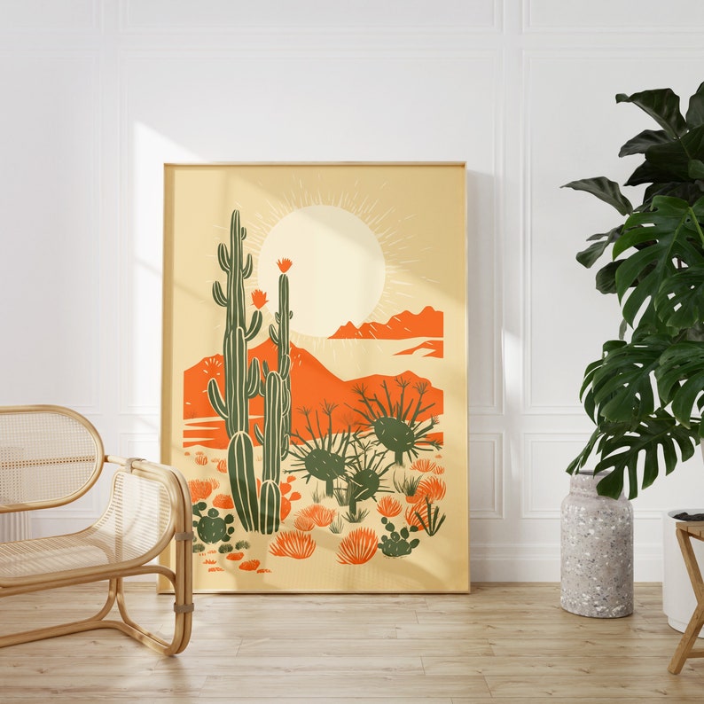 vintage desert cactus wall art in large wood frame, desert poster, linocut cactus art, danish modern aesthetic, beige contemporary art, mid century art, block print cactus, Austin, Texas, southwest art, cactus poster, orange, sage green