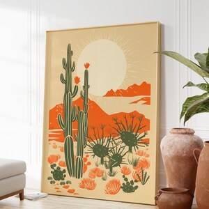 Large Framed modern desert cactus wall art, desert poster, linocut cactus art, danish modern aesthetic, beige contemporary art, mid century art, block print cactus, kinfolk magazine, southwest art, cactus poster, orange, sage green