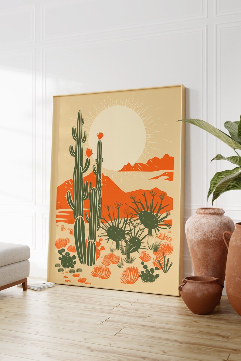 Large Framed modern desert cactus wall art, desert poster, linocut cactus art, danish modern aesthetic, beige contemporary art, mid century art, block print cactus, kinfolk magazine, southwest art, cactus poster, orange, sage green