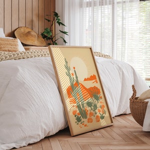 Danish Modern Bedroom with desert cactus, desert poster, linocut cactus art, stylish minimalist interior aesthetic, mid century art, block print cactus, kinfolk magazine, southwest art, cactus poster, orange, sage green, giclee print