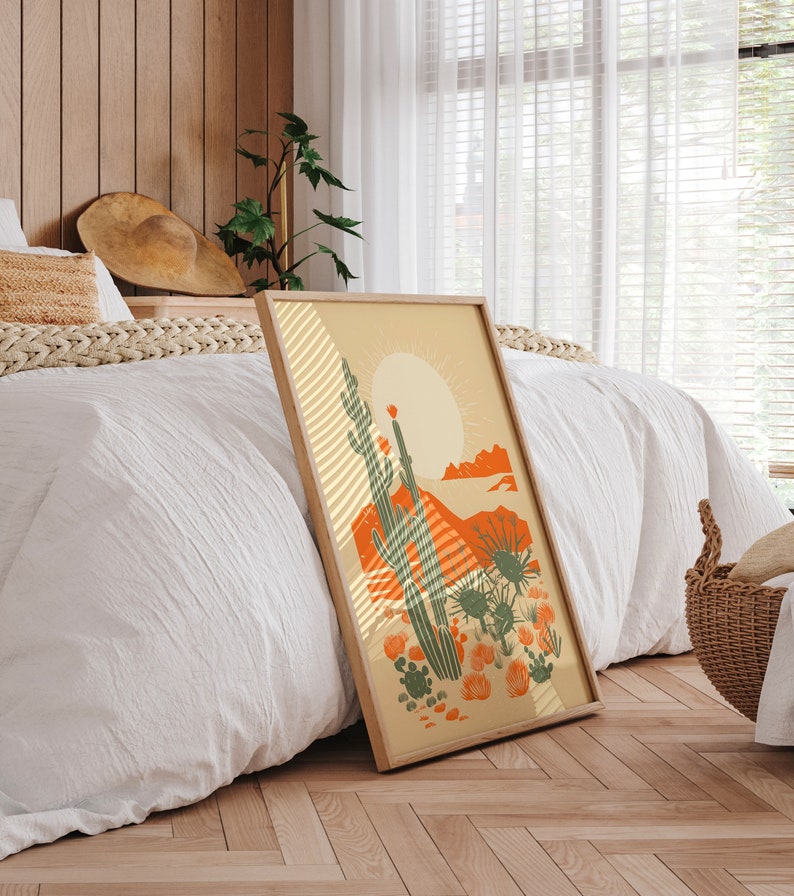 Danish Modern Bedroom with desert cactus, desert poster, linocut cactus art, stylish minimalist interior aesthetic, mid century art, block print cactus, kinfolk magazine, southwest art, cactus poster, orange, sage green, giclee print