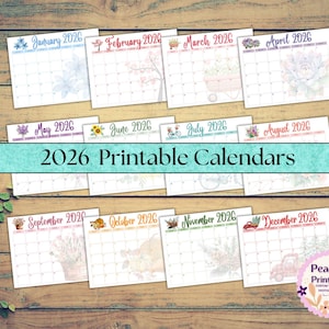 2026 Printable Monthly Calendars/Letter Size/Floral Wall Digital/Instant Download/Landscape Planner/Student/Teacher/January/February/March