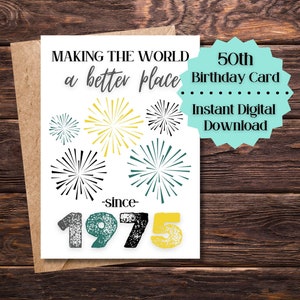Printable 50th Birthday Card/Born in 1975/Fiftieth Surprise Gift/5x7 Card/Party Decor/Instant Digital Download/Milestone/For Him/Masculine
