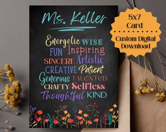 CUSTOM Printable Teacher Appreciation Card/5x7 Personalized Digital Download/Thank You Card/School Staff/Teacher Gift/Classroom Decor