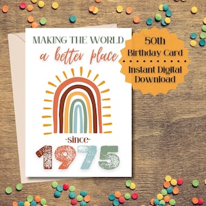 Cartão de aniversário de 50 anos para impressão/Nascido em 1975/Presente de aniversário de 50 anos/Cartão 5x7/Decoração de festa de 50 anos/Download digital instantâneo/Aniversário de marco