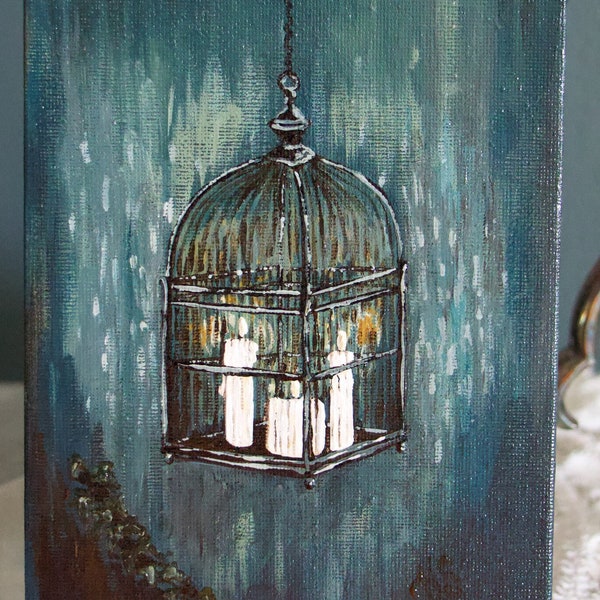 BIRDCAGE —Original Art Painting in Acrylic on canvas panel 5”x7” by Katherine Siefkes LUNAROSE