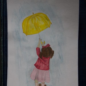 Menina com o GUARDA-CHUVA AMARELO —Pintura artística original em aquarela 5”x7” por Katherine Siefkes LUNAROSE