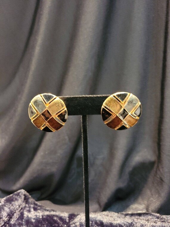 Vintage Gold Tone Basketweave Round Post Pierced … - image 8