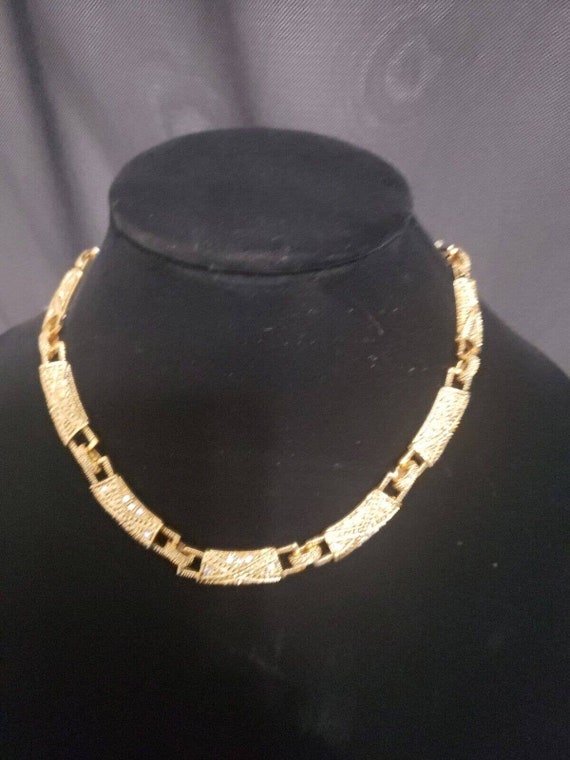 Gold Tone Ornate Necklace Choker Crystal Rhinesto… - image 3