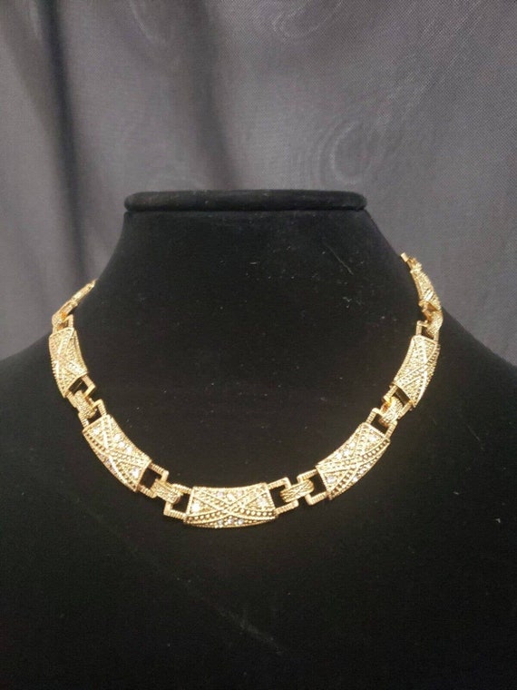 Gold Tone Ornate Necklace Choker Crystal Rhinesto… - image 2