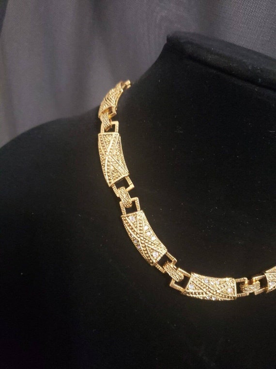 Gold Tone Ornate Necklace Choker Crystal Rhinesto… - image 6