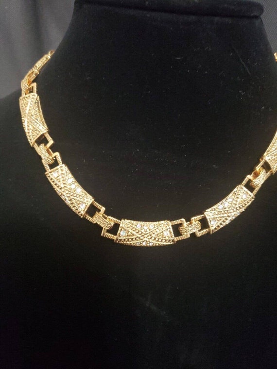 Gold Tone Ornate Necklace Choker Crystal Rhinesto… - image 5