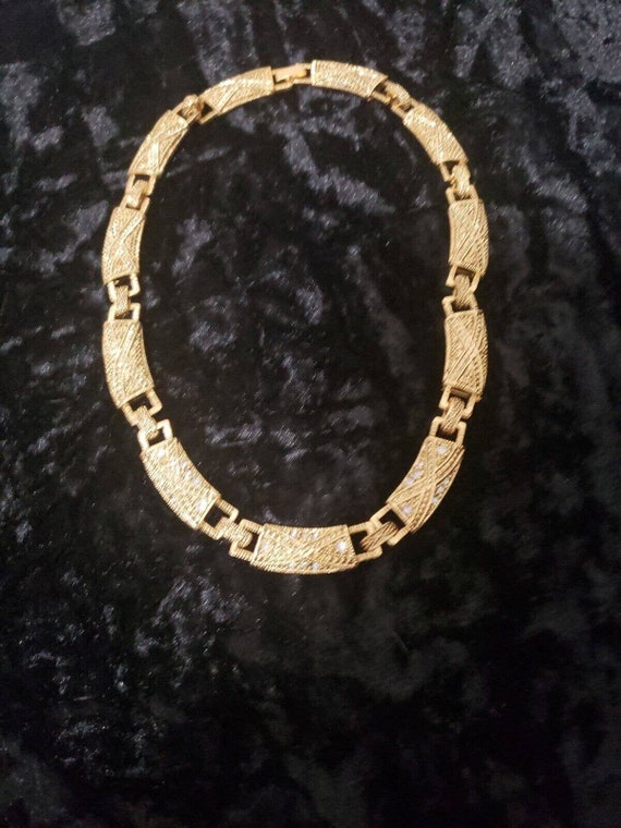 Gold Tone Ornate Necklace Choker Crystal Rhinesto… - image 9