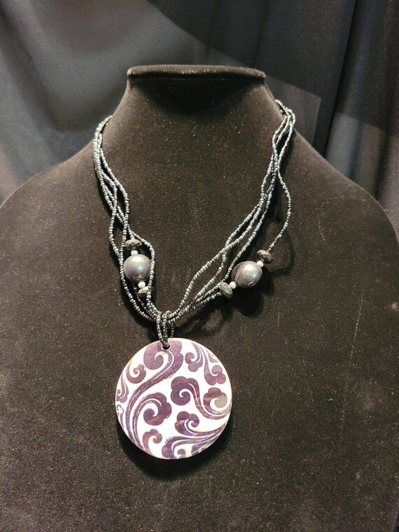 Vintage Beaded Necklace Pendant Abalone Designed … - image 2