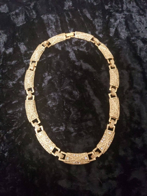 Gold Tone Ornate Necklace Choker Crystal Rhinesto… - image 7