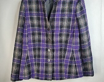 Vintage Button Front Blazer Jacket Purple Black Plain 16 Plus Size Collar Office