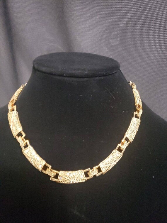 Gold Tone Ornate Necklace Choker Crystal Rhinesto… - image 1