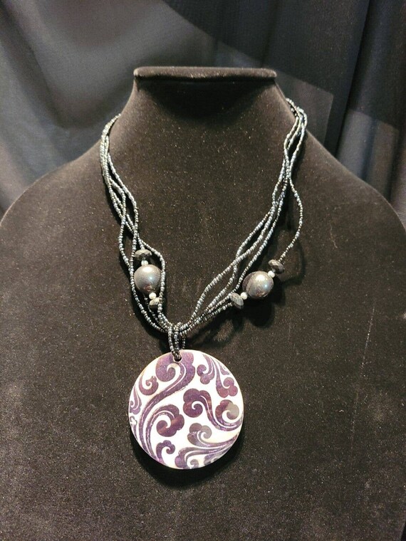 Vintage Beaded Necklace Pendant Abalone Designed … - image 1